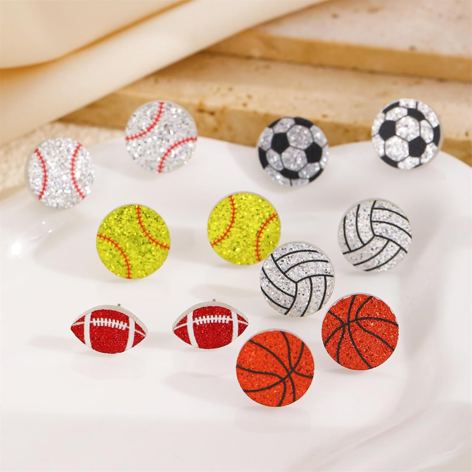 coadipress 6 Pairs Sport Acrylic Stud Earrings Set for Women Cute Glitter Football Baseball Basketball Volleyball Soccer Rugby Stud Earrings Sport Lover Birthday Mother's Day Game Day Gifts - Image 4
