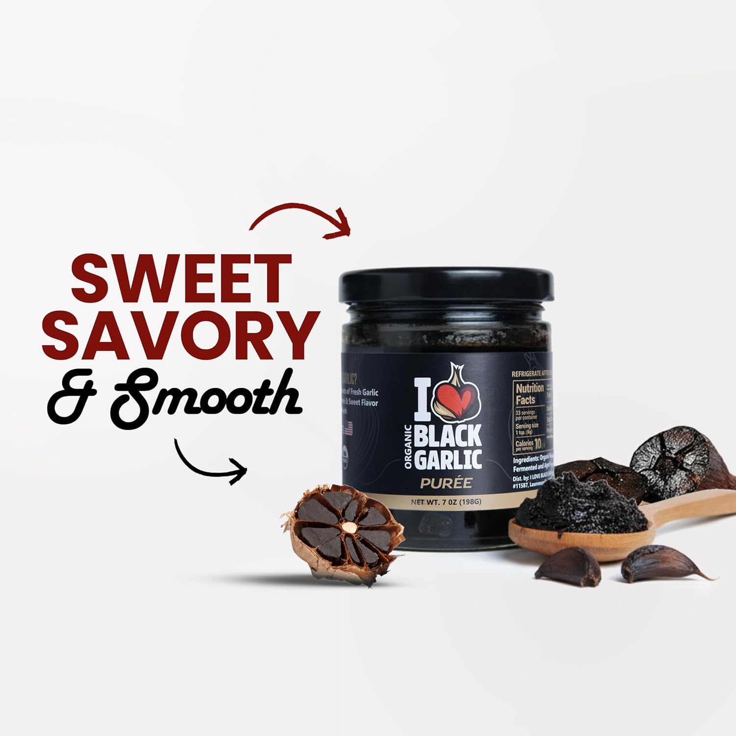 Organic Black Garlic Purée (Paste) in a Glass Jar Ready to Eat Sweet Savory Umami Ingredient for Cooking Made in USA by I Love Black Garlic 7 oz