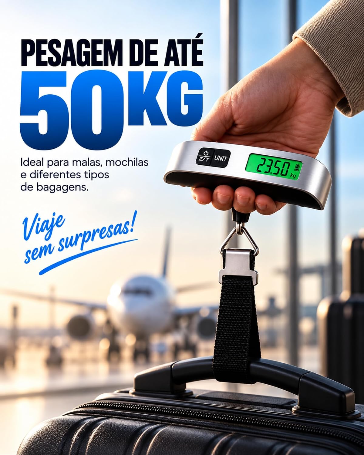 Balança Digital Portátil 50kg para Bagagem e Mala, Balança de Mão para Viagem com Visor LCD, Função Tara e Alta Precisão, Pesa Mala, Mochila e Sacola