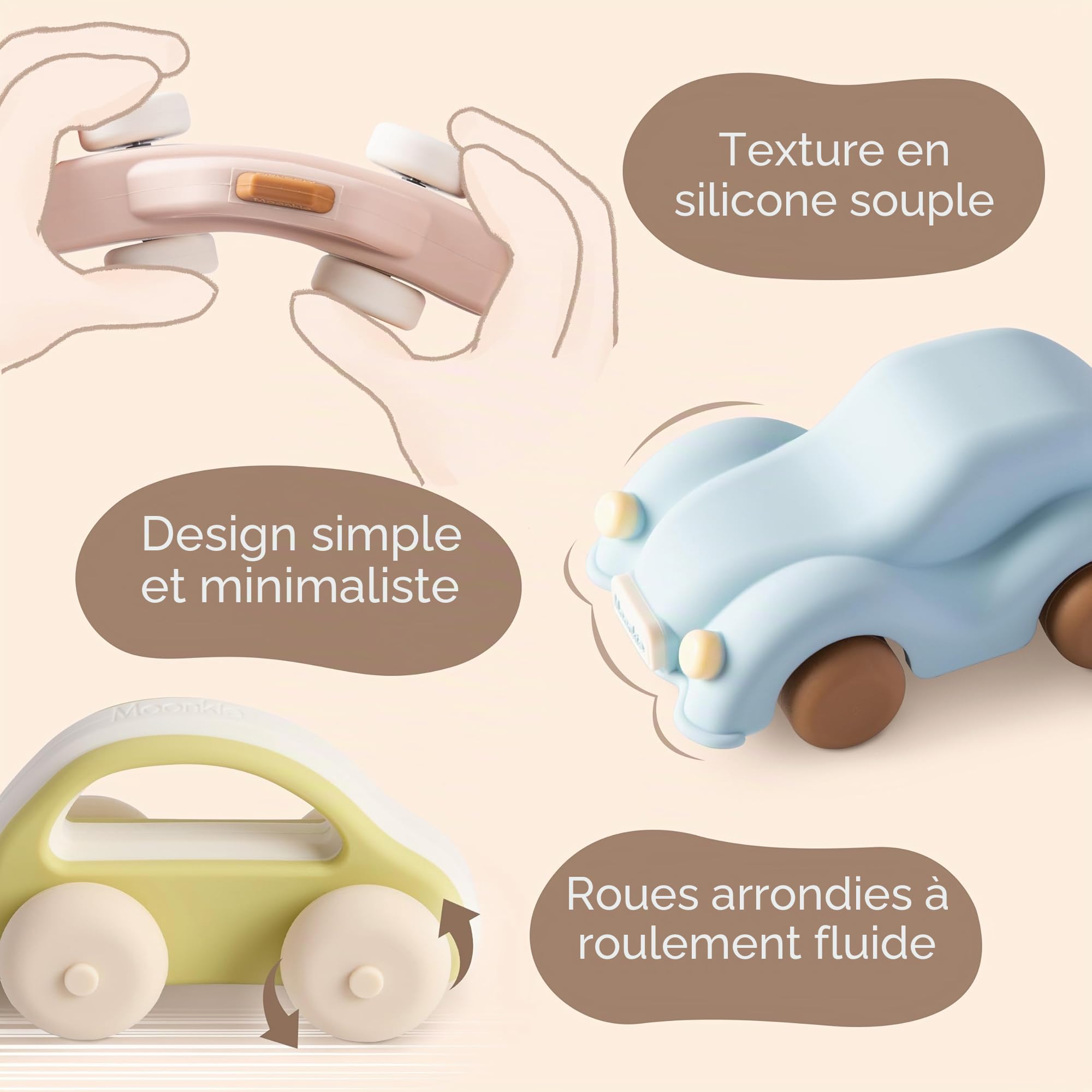 Moonkie Roll & Go Voiture Enfant, Lot de 3, Jouet Bebe pour 6 Mois+, Petites Voitures en Silicone Souple, Jouet Dentition Bébé, Voiture Bebe sans BPA, Cadeau Garcon &Fille,pour Noël & d'anniversaire