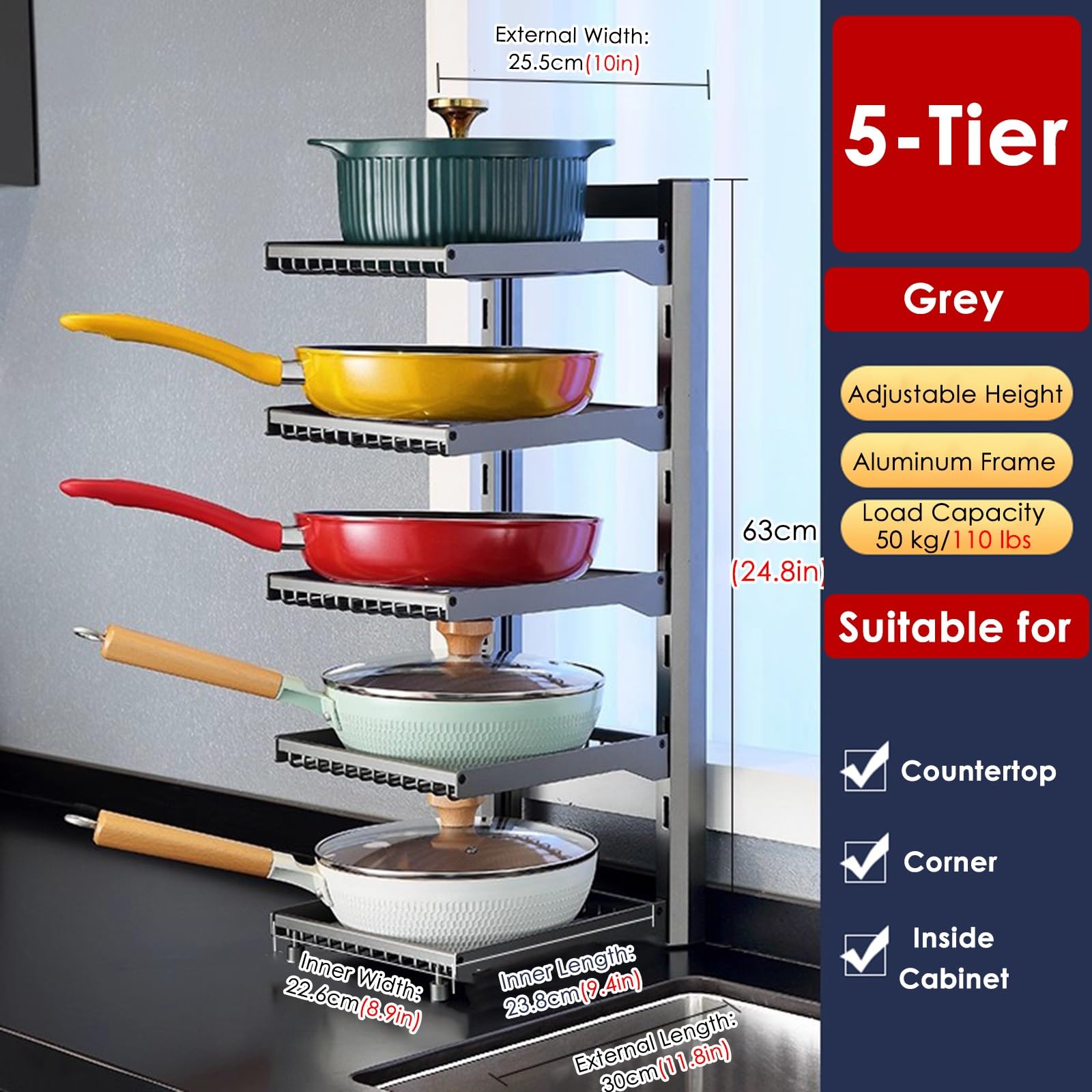 Étagère de rangement réglable et amovible pour casseroles et poêles