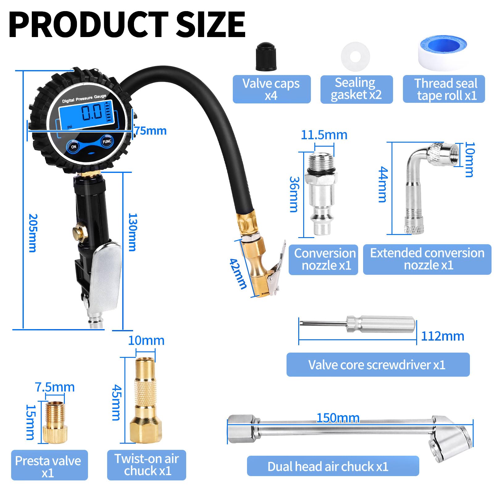 SWAWIS Manometro Pressione Gomme 200 PSI Pistola Gonfiaggio Pneumatici Manometro Digitale Kit Gonfiaggio Pneumatici Auto Gonfiatore per Pneumatici per Auto, Moto, Bicicletta