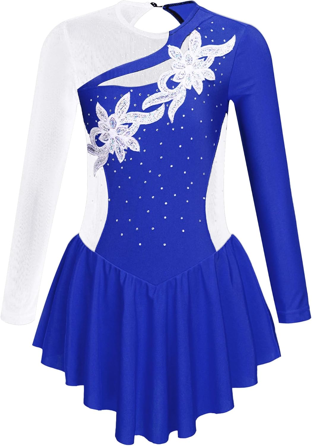 Jhaoyu Sparkly Rhinestones Figure Ice Skating Dress for Girls Long Sleeve Floral Roller Skating Skirted Leotard Dress