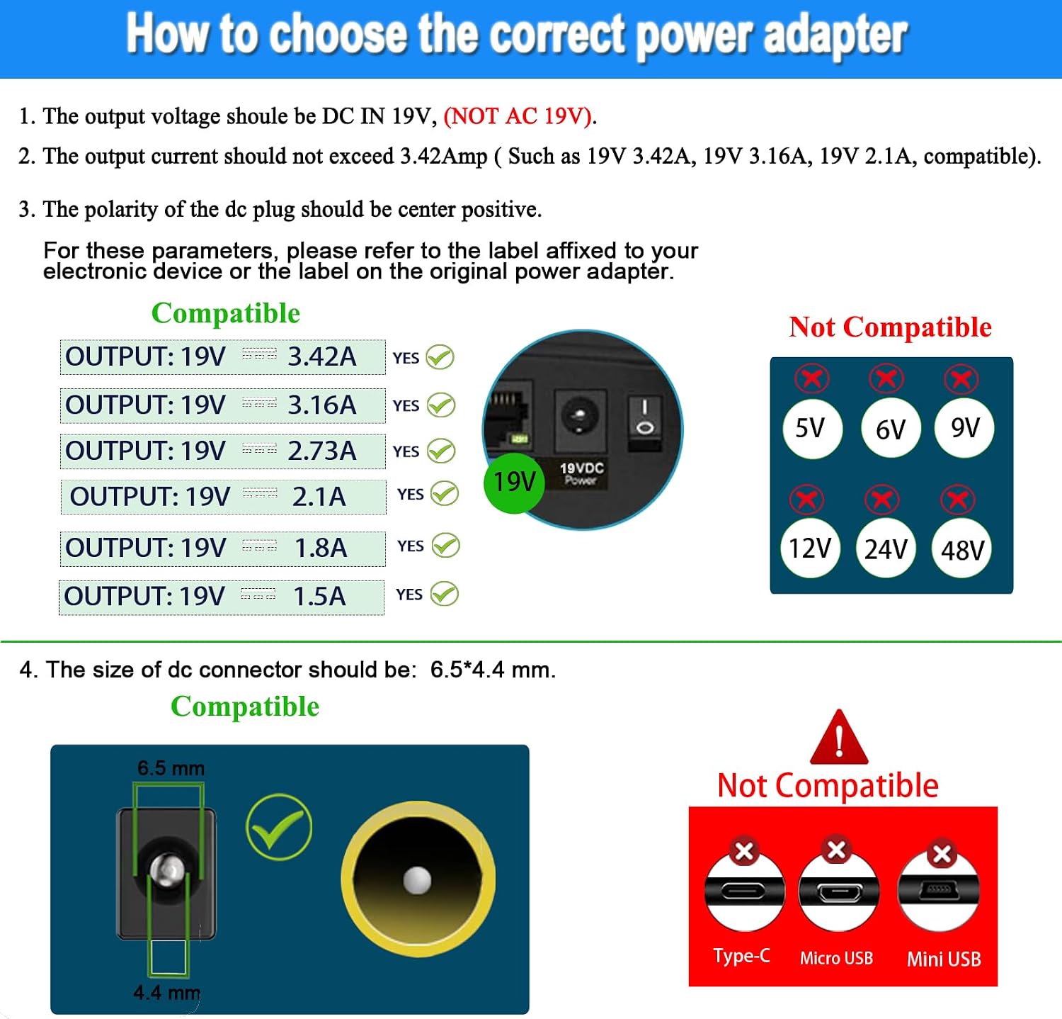 DC 19V Compatible for LG Monitor Power Cord UL Certificates, Replacement for 19Volt LG TV Power Supply 34" 32" 29" 27" 24" 23" 22" 20" 19" LED LCD Widescreen Ultrawide HDTV HD TV AC Power Adapter.