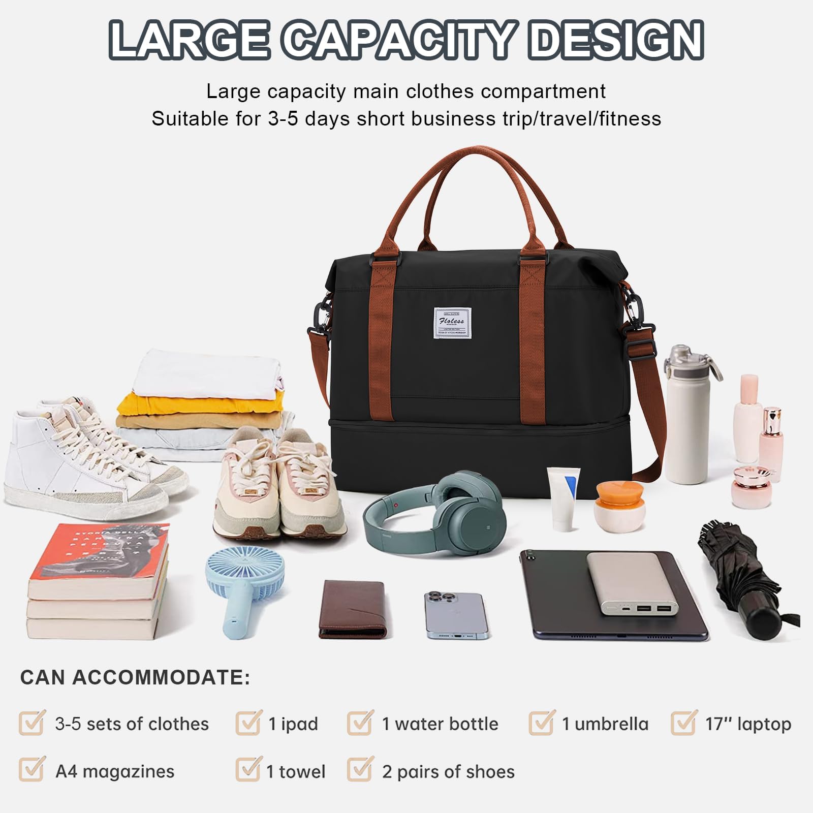 Sac de Voyage 45x36x20 pour Easyjet Bagage à Main Avion Sac Weekend Femme Homme Sacs Cabine Impermeable Sacs de Sport Voyage avec Compartiment à Chaussures Travel Bag,A06-Noir et Marron