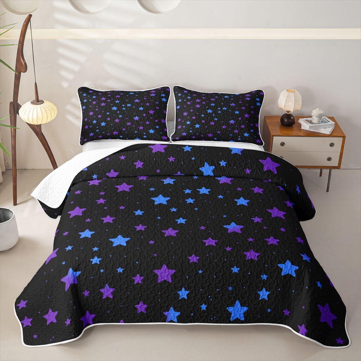 Colorful Stars Printed Quilt Set Full Neon Light Star Galaxy Quilted Bedding Blue Purple Ombre Bedspread Coverlet For Kids Boys Girls,Aesthetic Starry Sky Quilt Comforter Lightweight Quilted Blanket