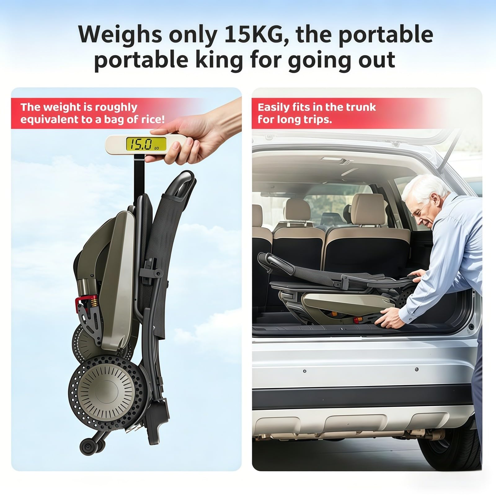 Fauteuil Roulant Électrique Léger pour Adultes, Scooter De Mobilité Motorisé pour Seniors, Ultra-Léger (14,9 Kg), Capacité De 150 Kg, Facile À Transporter Et À Ranger — pour Seniors.
