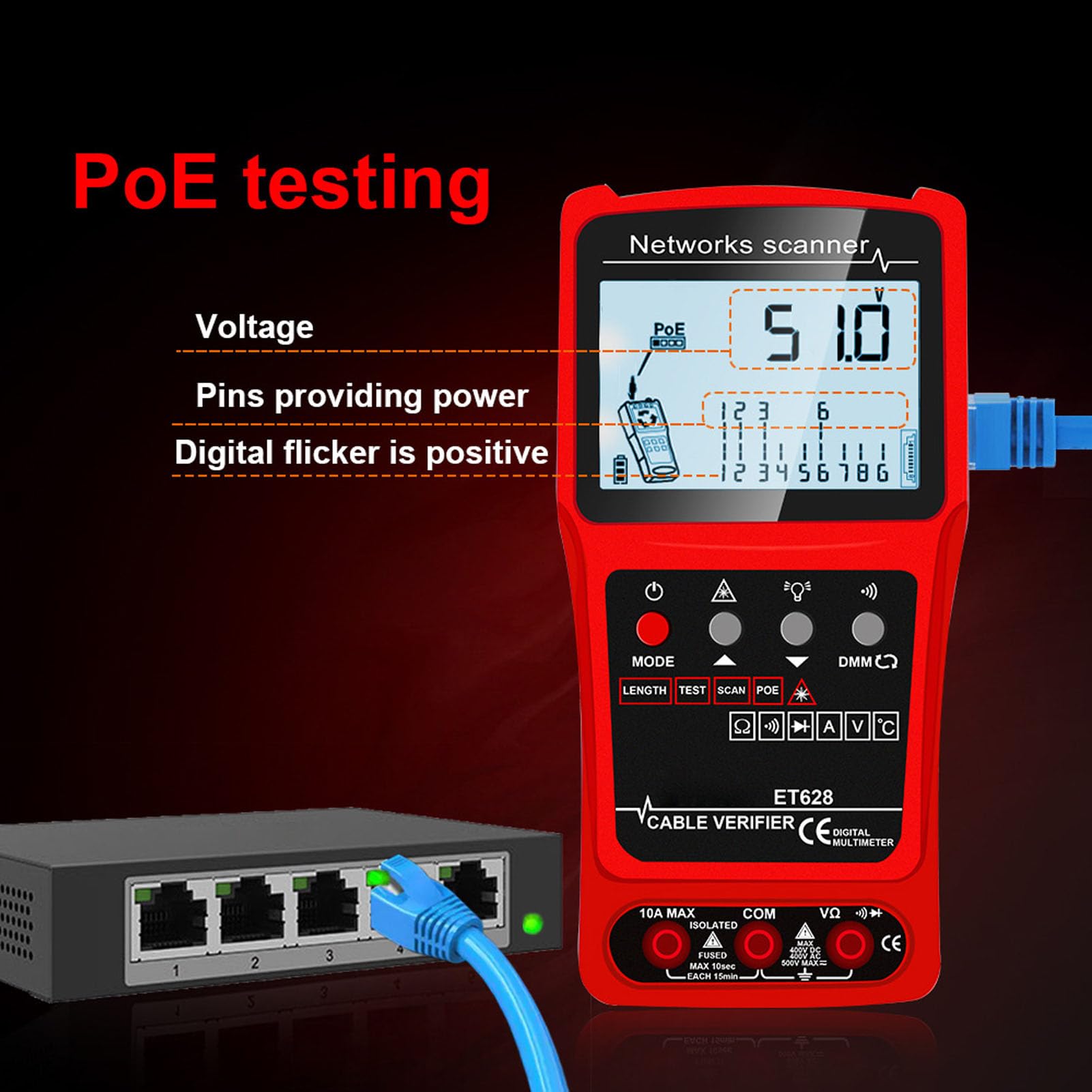 Generic Probador de Cables de Red Multifuncional Digital para Ethernet CAT5 CAT6, Analizador de Circuitos con Batería para Electricistas