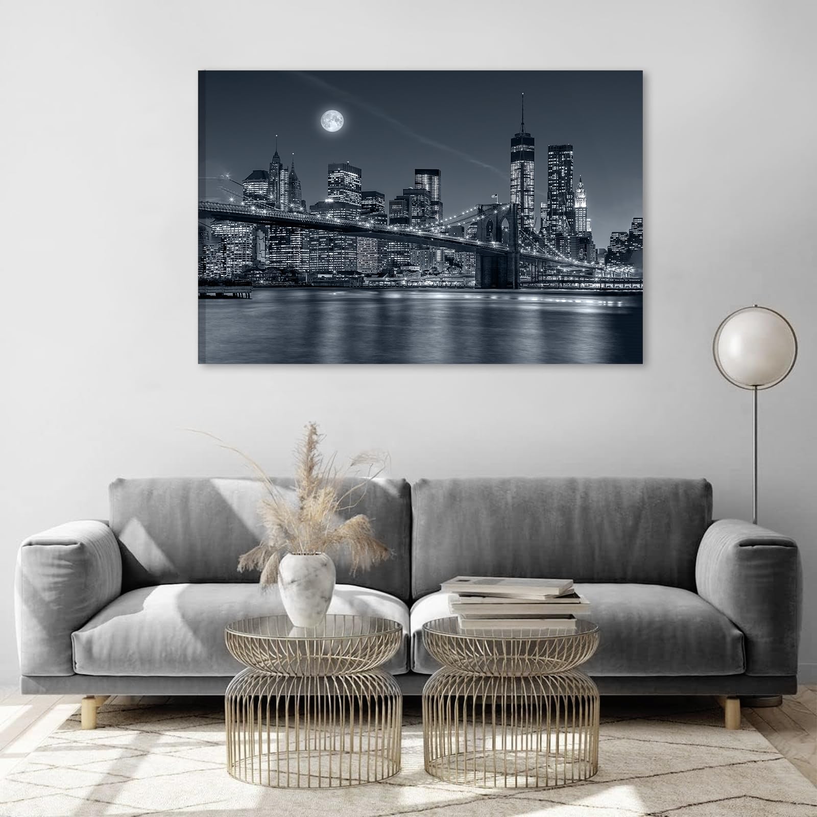 CHDITB Bustling City Wall Art,Modern City Night Scene Canvas Prints,Black and White Urban bridge Canvas Prints,New York Brooklyn Bridge Artwork,Cityscape Poster For Living Room Bedroom Office(59*39cm) - Image 2