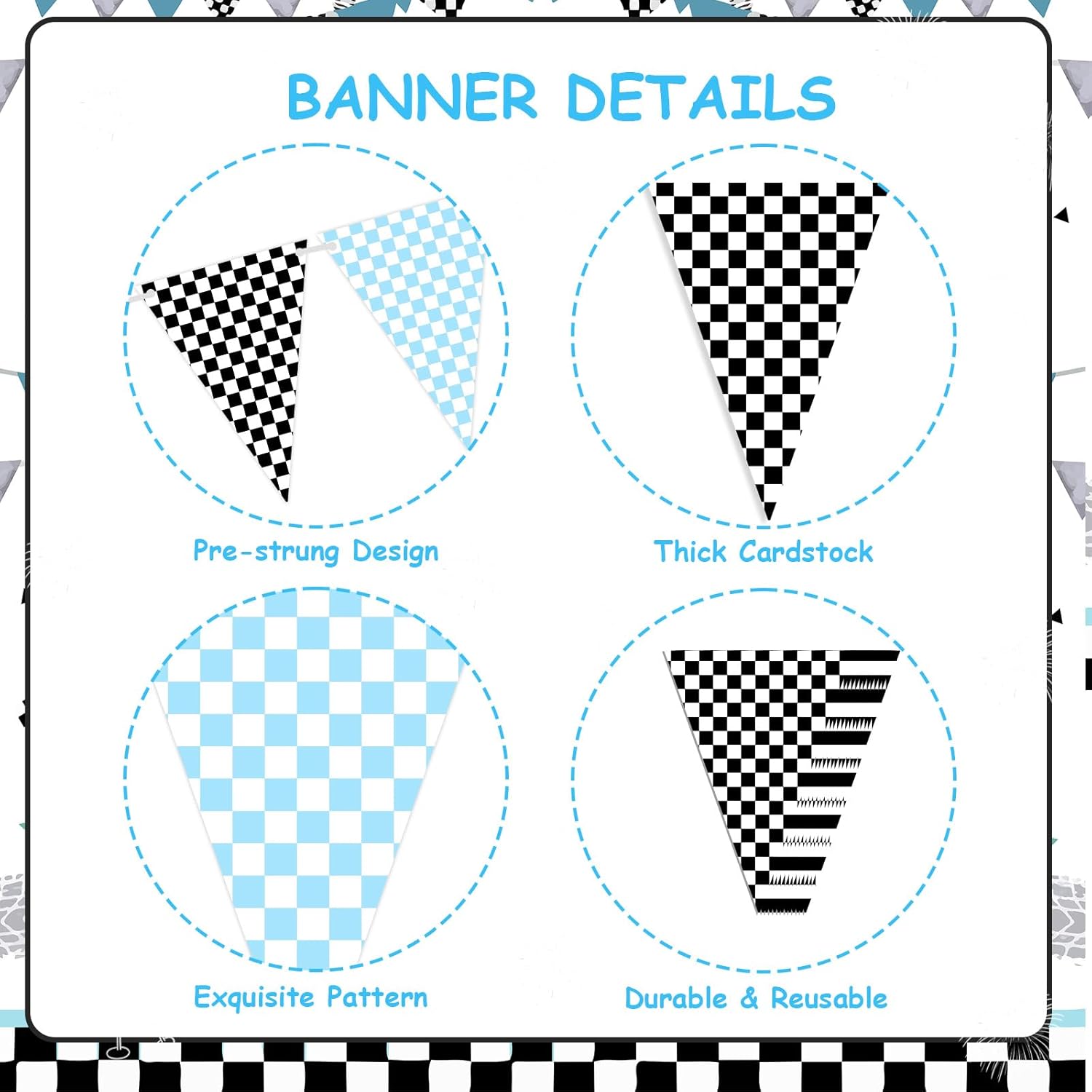 Blue Race Car Party Decorations - 3PCS Checkered Pennant, Checkered Triangle Banners, Racing Flags Banner, Checkered Flags for Checkered Racing Car Two Fast Birthday Party
