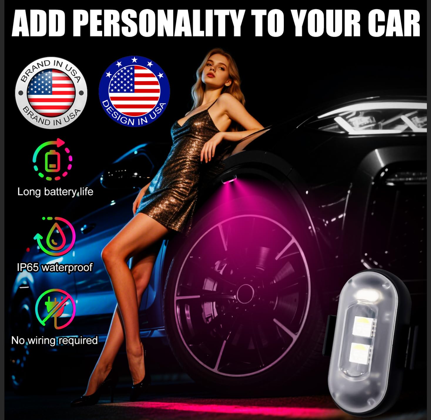 Wireless LED Lights for Car, Wireless Rock Lights with 8 Colors 10 Modes,Led Strobe Warning Light, Motorcycles, Boats, Camping, Bikes, Drones，Design in USA (4pcs Black)