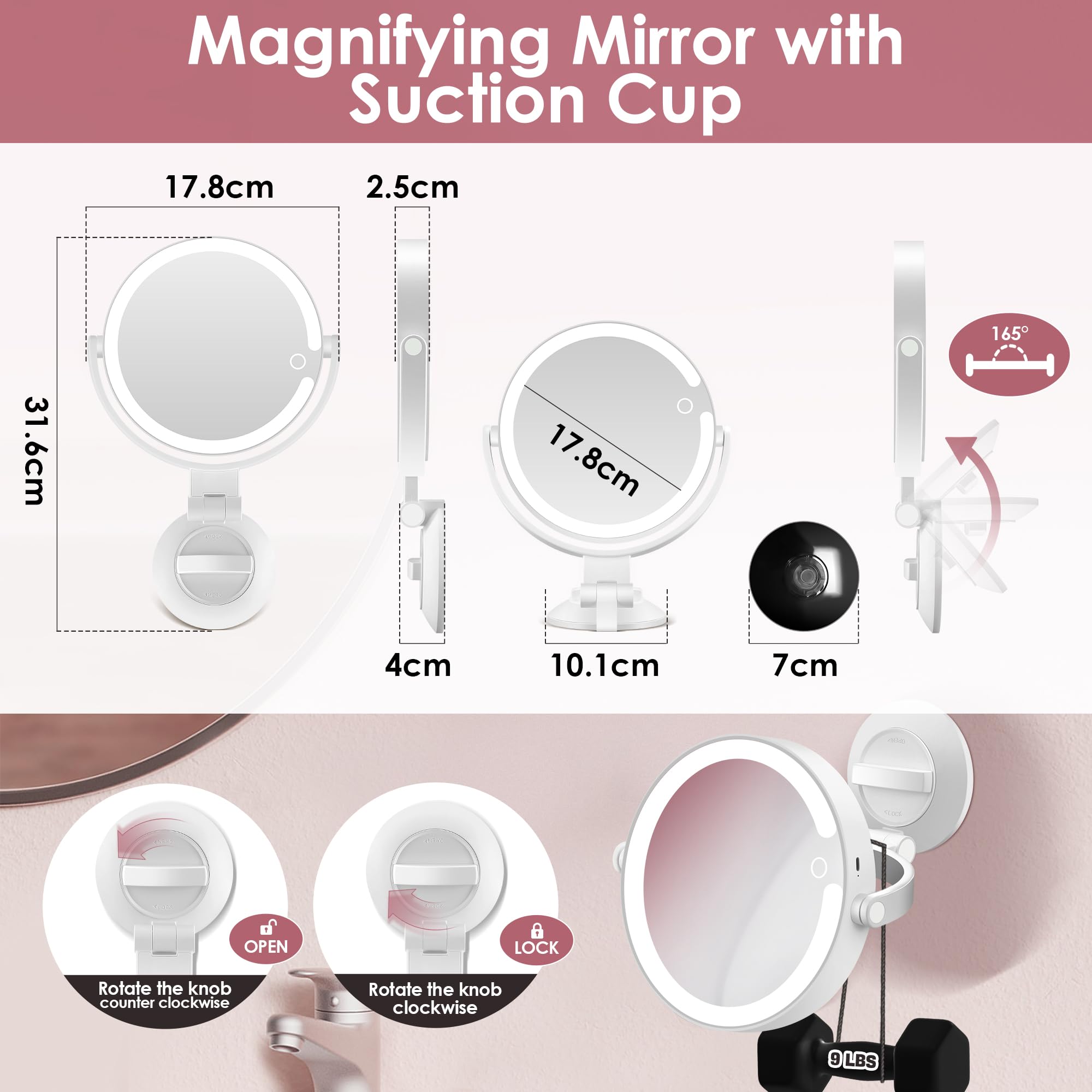 Specchio da trucco con illuminazione e specchio cosmetico con ingrandimento 30x, specchio ingranditore con ventosa con luce grande, specchio da parete