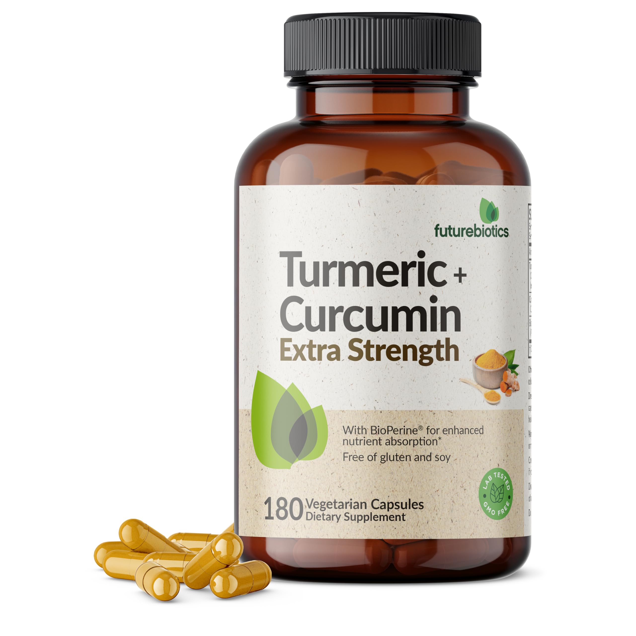 Futurebiotics Turmeric + Curcumin, Antioxidant, Joint & Digestion Support with BioPerine for Enhanced Nutrient Absorption, Non-GMO, 180 Vegetarian Capsules 180 Count (Pack of 1)