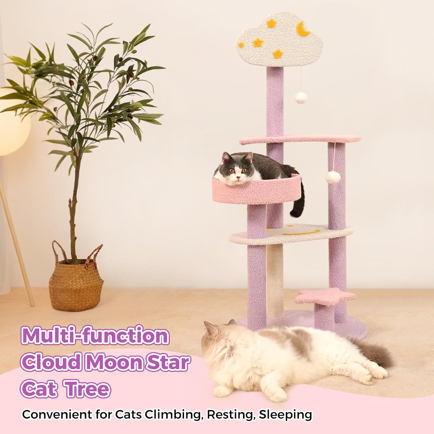 Moon Star Cat Tree, 47 in Tall Cat Cloud Tower with Cattery Sisal Scratching Post, Pink Purple Kittie Condo Cozy Fluffy 3 Pillars Kitten Tree for Small Meduim Cats Climbing Indoor Activity