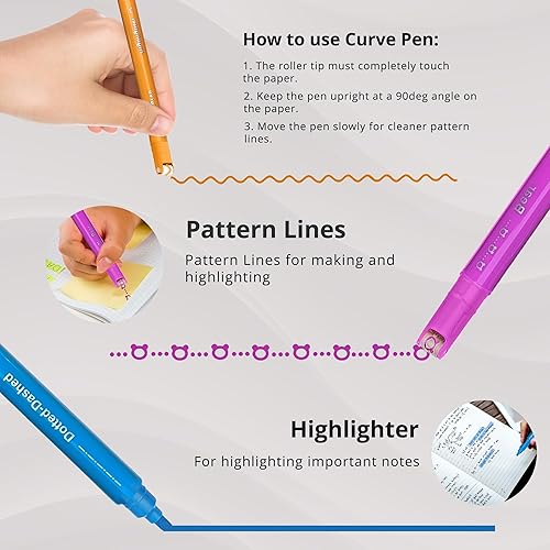 Miniatura 3 de Simply Genius Marcadores geniales y bolígrafos de patrón, cosas lindas para la escuela, juego de 10 con 5 diseños, juego de rotuladores curvos para