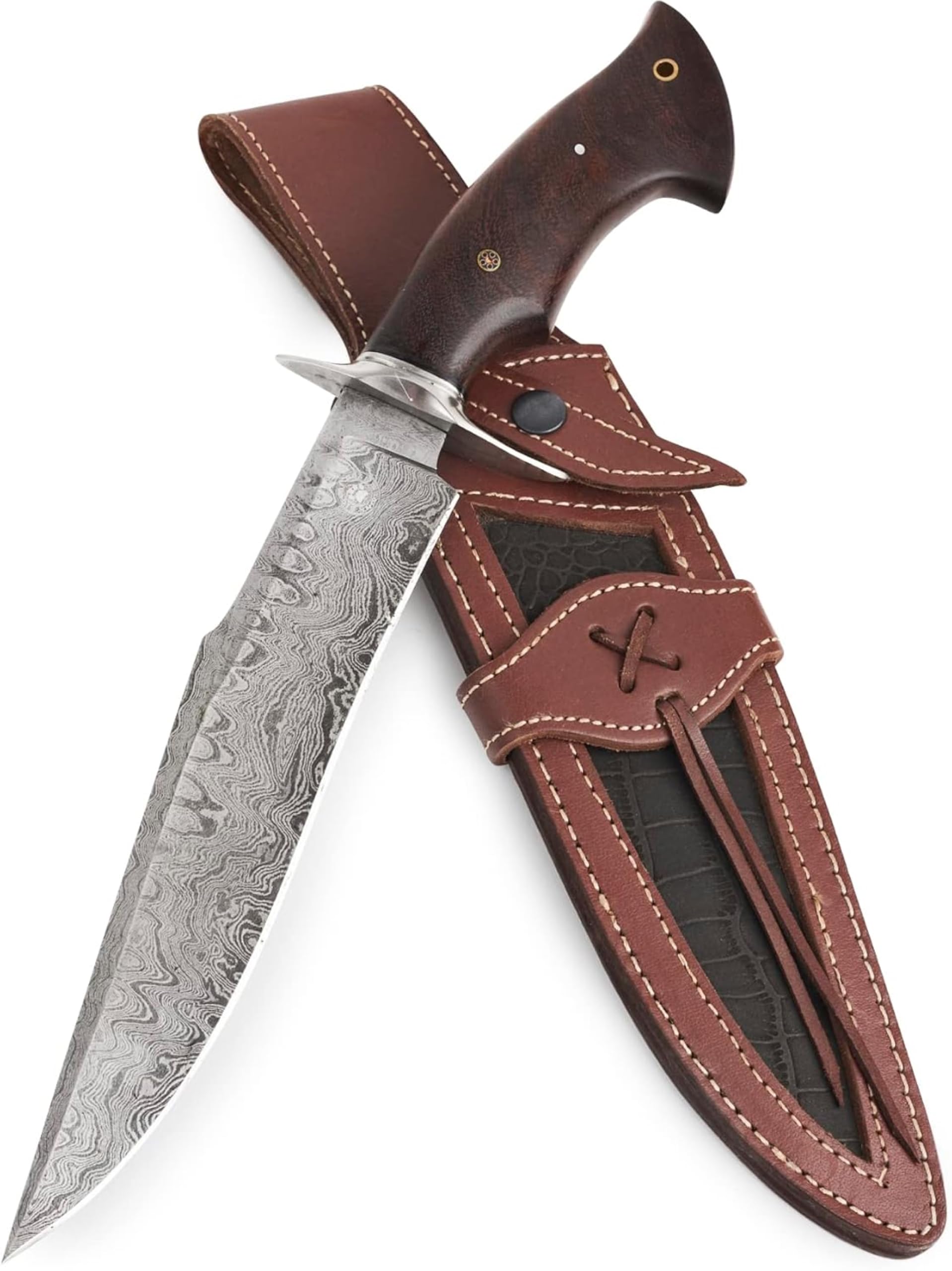 BIGCAT ROAR Cuchillo de caza de Damasco hecho a mano - 38 cm Hoja fija con funda y mango de nogal