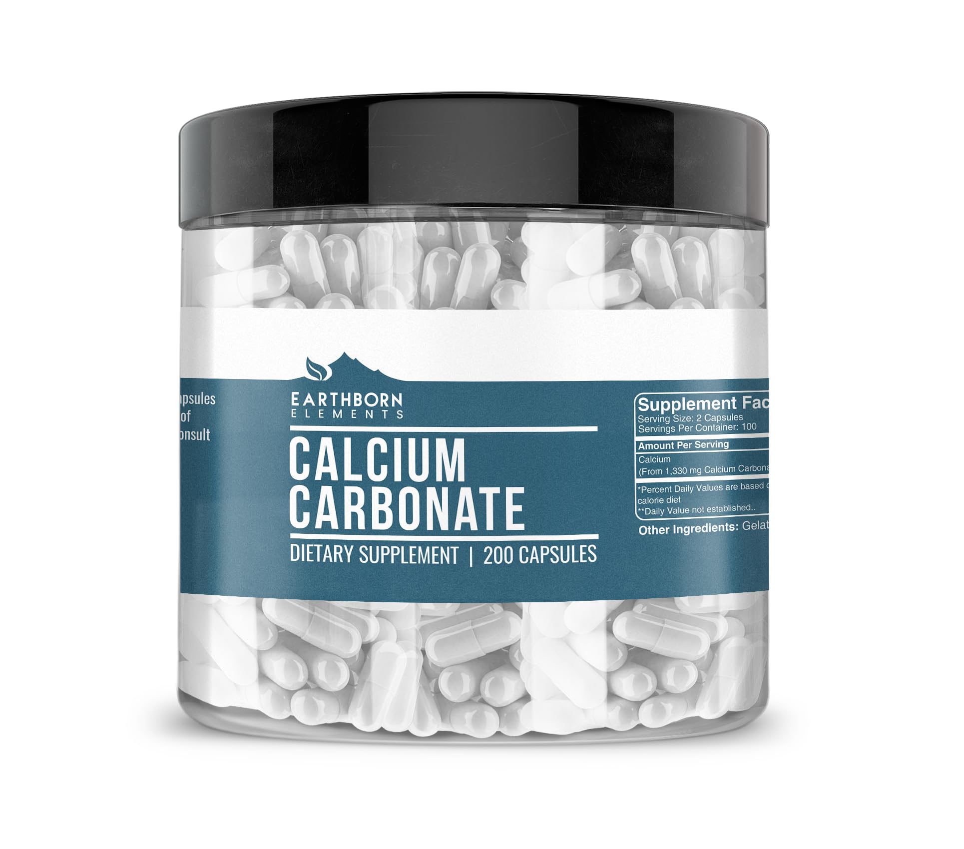 Earthborn Elements Calcium Carbonate 200 Capsules, Pure & Undiluted, No Additives