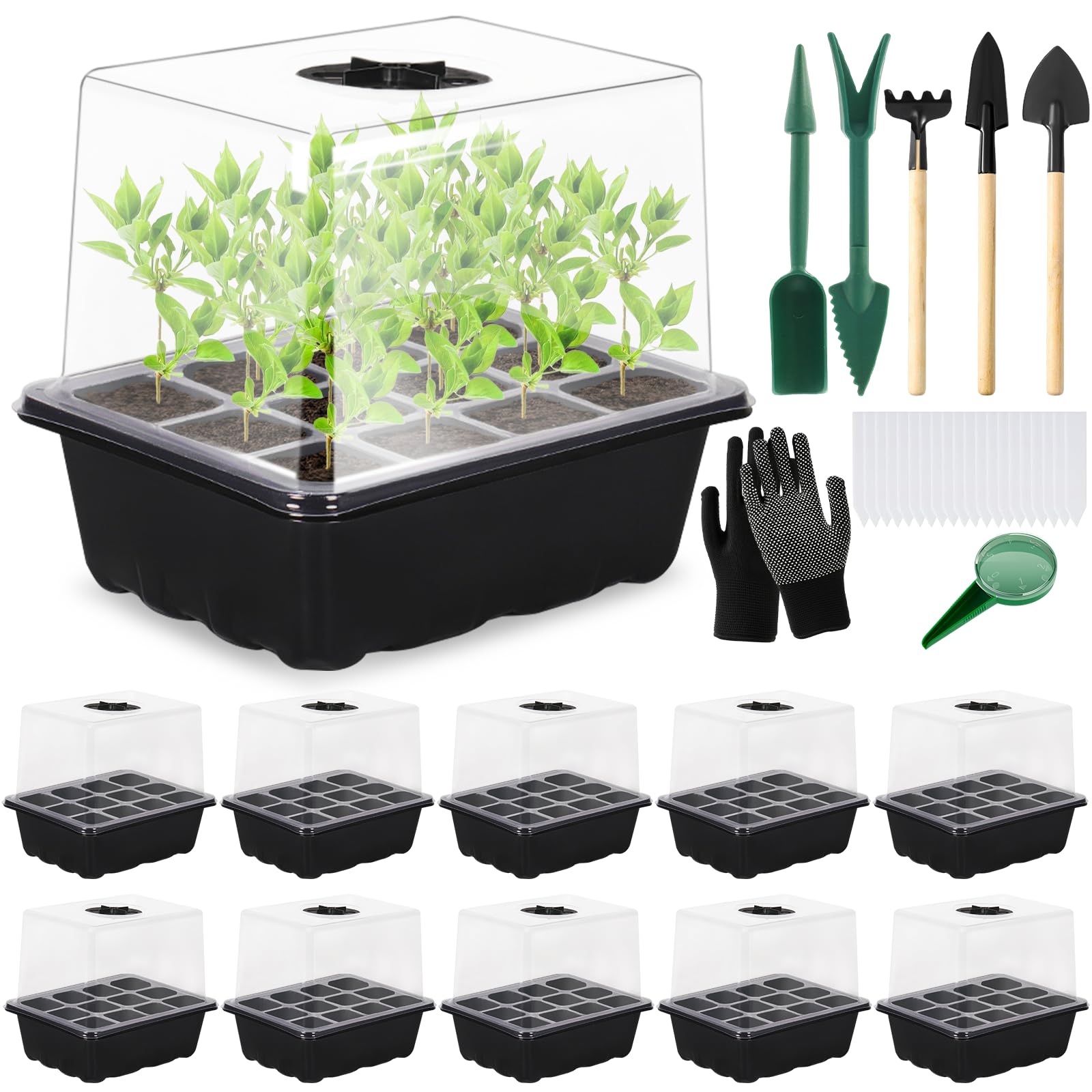 Vassoi per semi,10 Pack 120 Celle Propagator Growing Addensano i Vassoi,Propagator con Coperchi Rialzati,Vassoi Semina,Kit di vassoi di coltivazione di semi di piante riutilizzabili