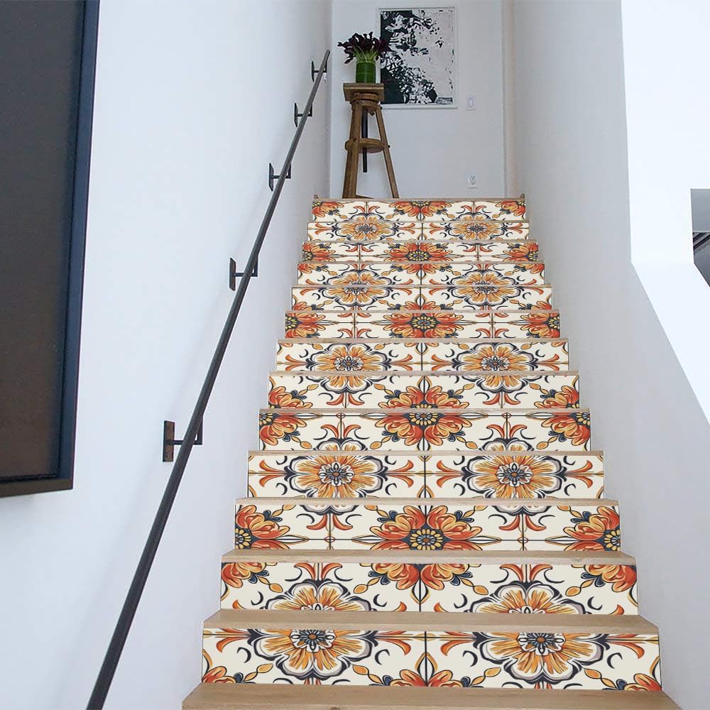 REDAMANCY Boho Brown Orange Damask Floral Peel and Stick Vinyl Stair Riser Decals Staircase Tile Stair Stickers Abstract Art Modern Decoration Self-Adhesive Home Decor Stair Decals (14Pcs)