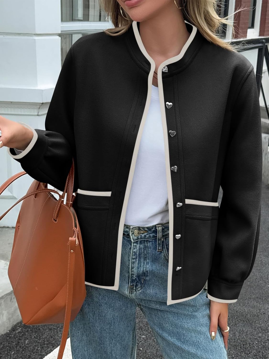 Cicy Bell Womens Button Down Bomber Jackets Puff Sleeve Cropped Pea Coats Casual Fall Color Block Outerwear - Image 2