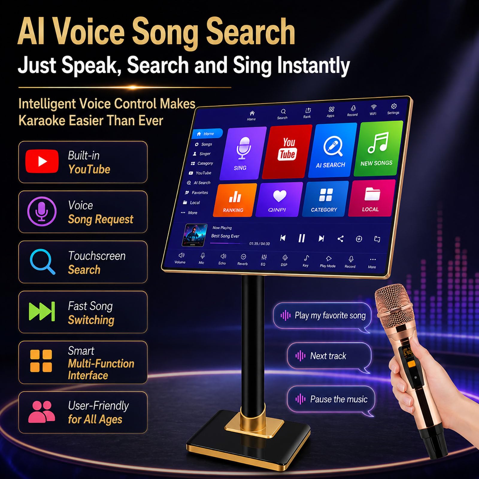 Sistema Karaoke all-in-One da 21,5 Pollici con 2 Microfoni Wireless, Doppio Sistema Android, WiFi, Elaborazione Audio Dsp, Controllo Vocale E App per Casa E Uso 8TB