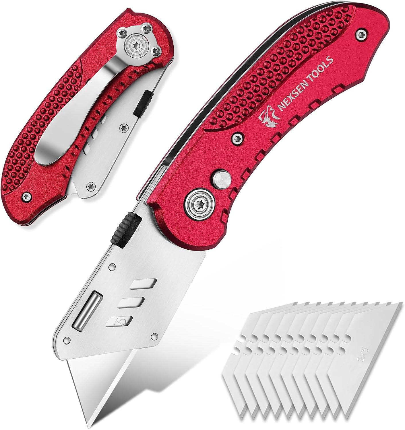 Folding Utility Knife with Portable Lightweight Aluminum Handle, Ideal Gifts for Men Women, Quick Change Box Cutter with Belt Clip, Extra 10 SK5 Blades Included(Red)