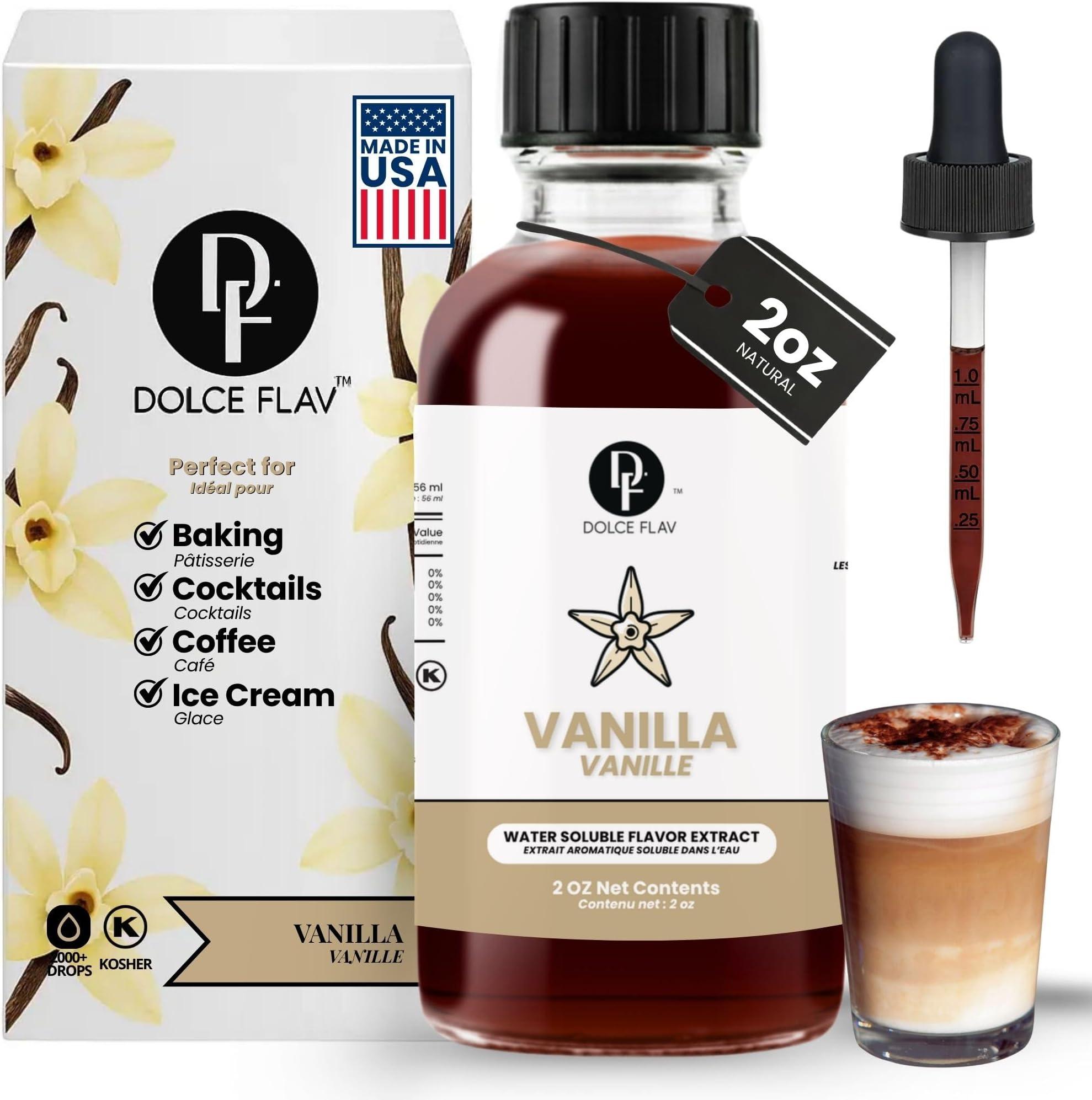 Dolce Flav Vanilla Extract – 2 Ounce Water-Soluble Kosher, Sugar-Free, Concentrated Vanilla Flavoring for Baking, Cookies & Desserts, Includes Measured Dropper