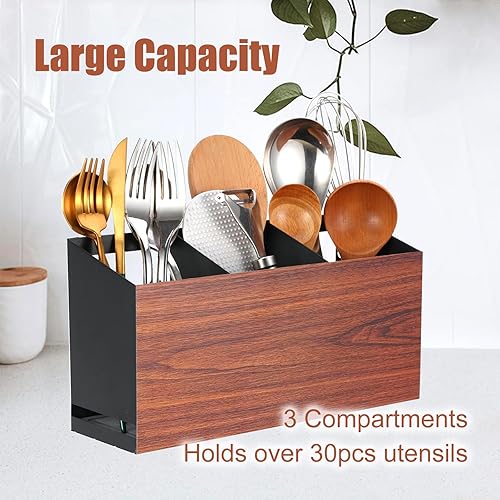 Miniatura 4 de Organizador de Utensilios Grande de Hierro con 3 Compartimentos para Encimera o Pared, Almacenamiento de Utensilios de Cocina (Negro)
