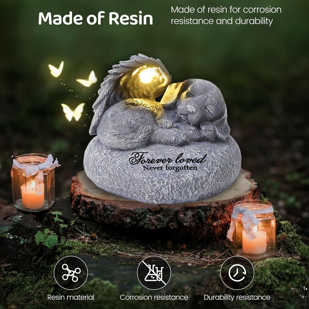 Pet Memorial Gifts for Dogs,Hand-Sculpted Resin Pet Loss Sympathy Gift with LED Light, Pet Angel Sleeping Dog Memorial Stone Statue Pet Headstone Grave Markes for Loss Dog Sympathy Gift