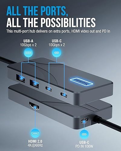 Miniatura 2 de SABRENT Estación de acoplamiento USB C Hub 5 en 1, puertos USB-A y USB-C de 10 Gbps, salida HDMI 4K, entrada PD de 100 W, carga de 80 W,