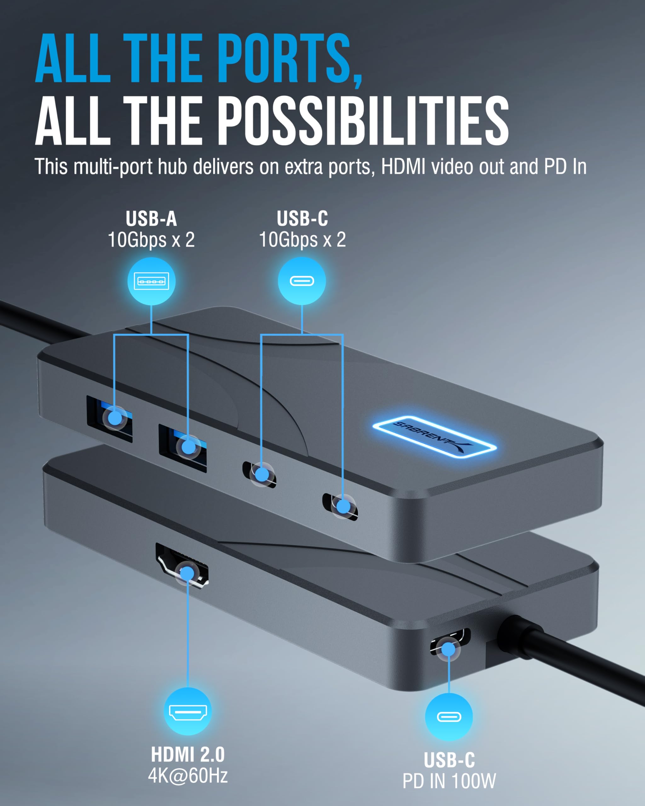 SABRENT 5-portowy hub USB typu C z portami USB 3.2 10 Gb/s, wyjście HDMI 4K, zasilanie 80 W, 2 x USB-A, 2 x USB-C, przenośna stacja dokująca do laptopów, tabletów, smartfonów, obsługa HDR/HDCP