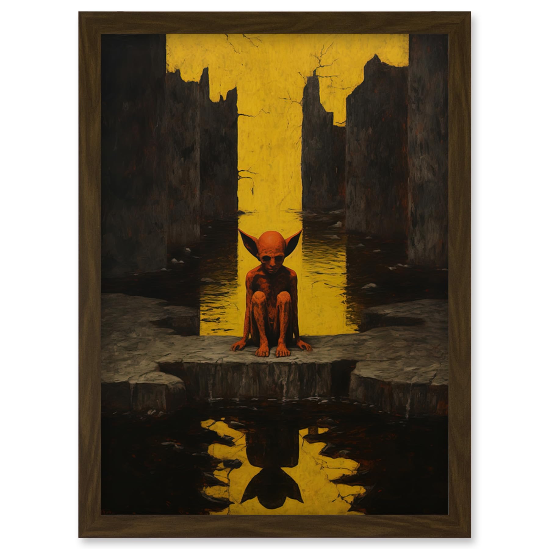 Artery8 Nosferatu Lair Conceptual Art Oil Painting Yellow Sky Castle Ruins Red Demon Water Reflection Artwork Framed Wall Art Print A4