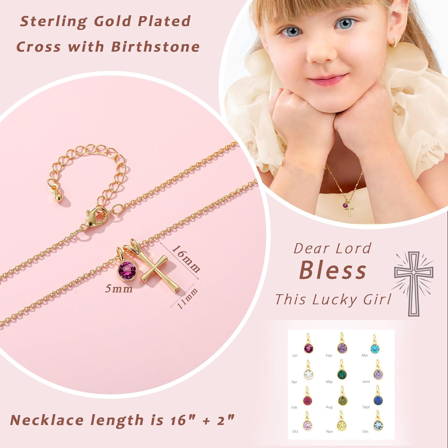 Easter Basket Stuffers for Teenage Girls Ideas-Sterling Birthstone Cross Necklace for Girls Age Daughter Kids Hypoallergenic First Communion Baptism Confirmation Stocking Gifts - Image 2