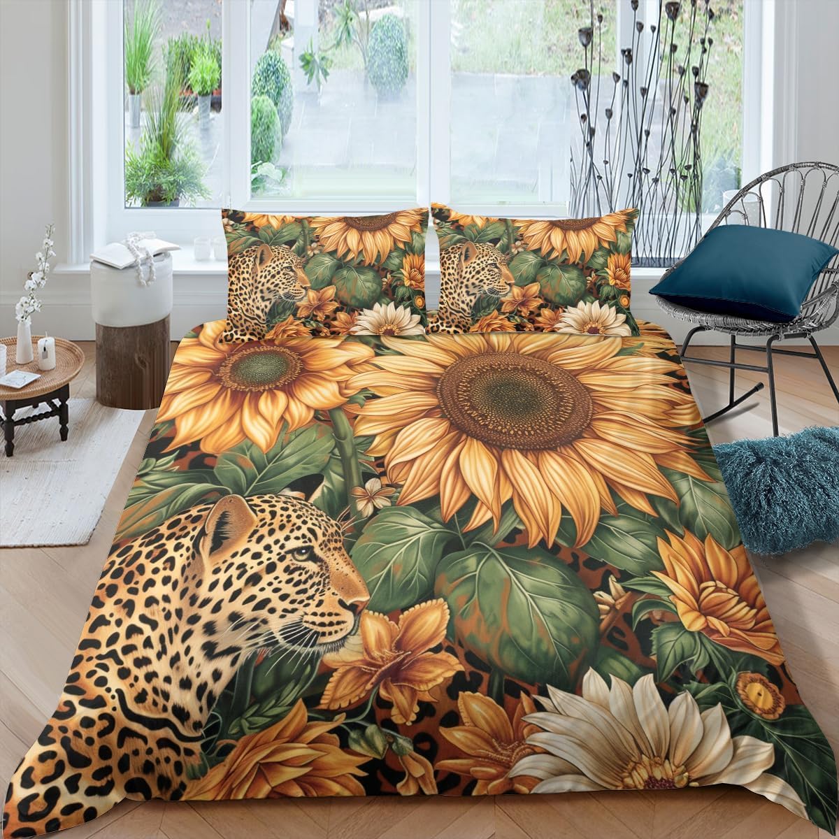 Housse de couette tournesol 3D et parure de lit imprimé animalier léopard