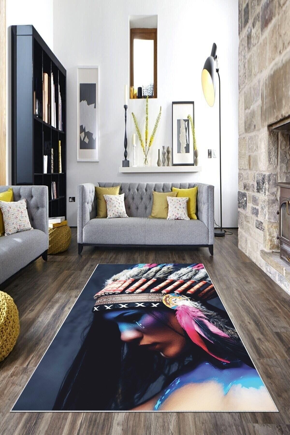 Pelangi Çok Renkli Kızılderili Kız Desen Yıkanabilir Kaymaz Taban Leke Tutmaz Modern Salon Halısı Ve Yolluk, Çok Renkli 180 x 300, 135831318030005