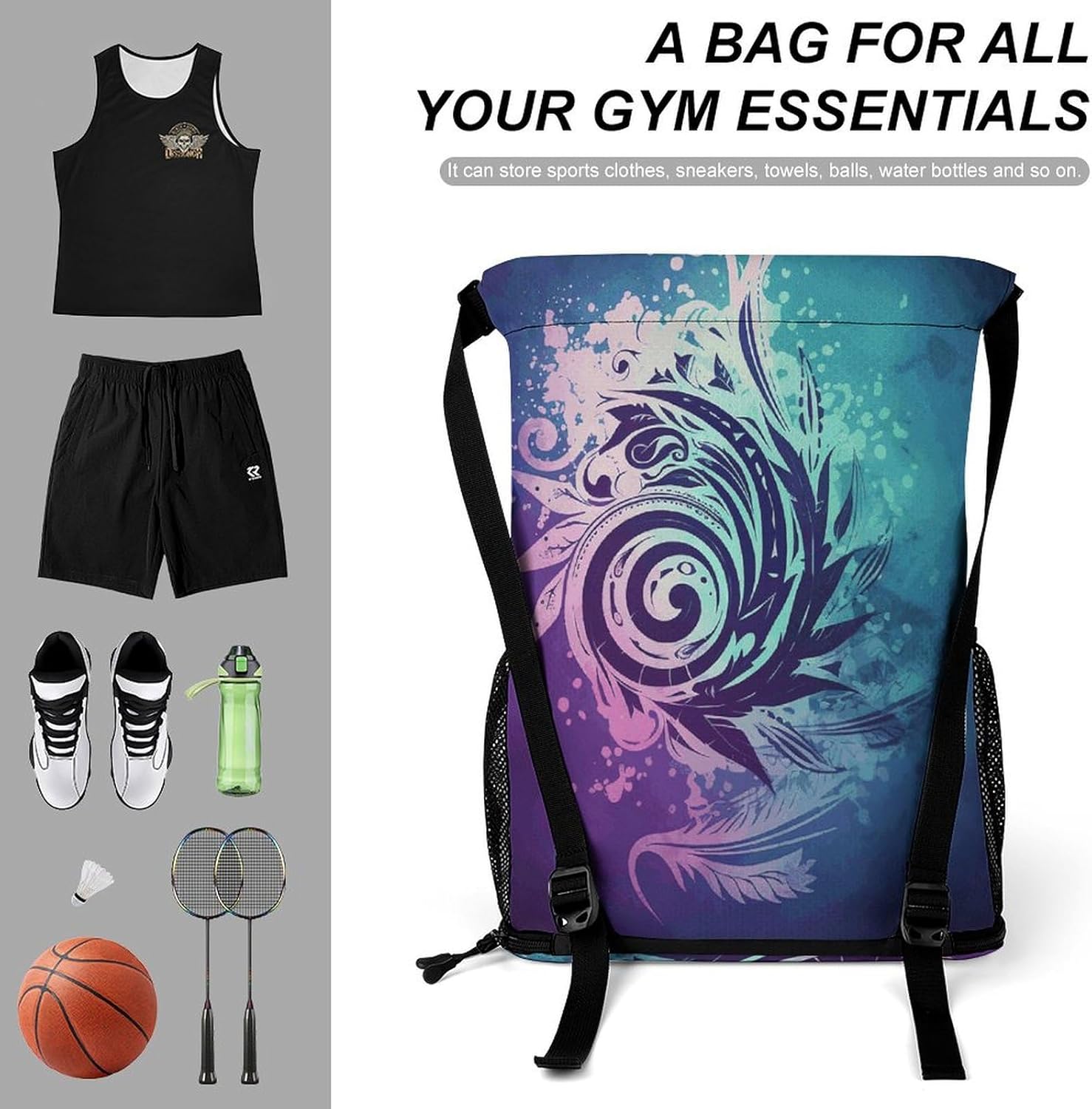 Sports Drawstring Backpack Decorative Tribal Pattern Lightweight Backpack Dry And Wet Separation Large Capacity