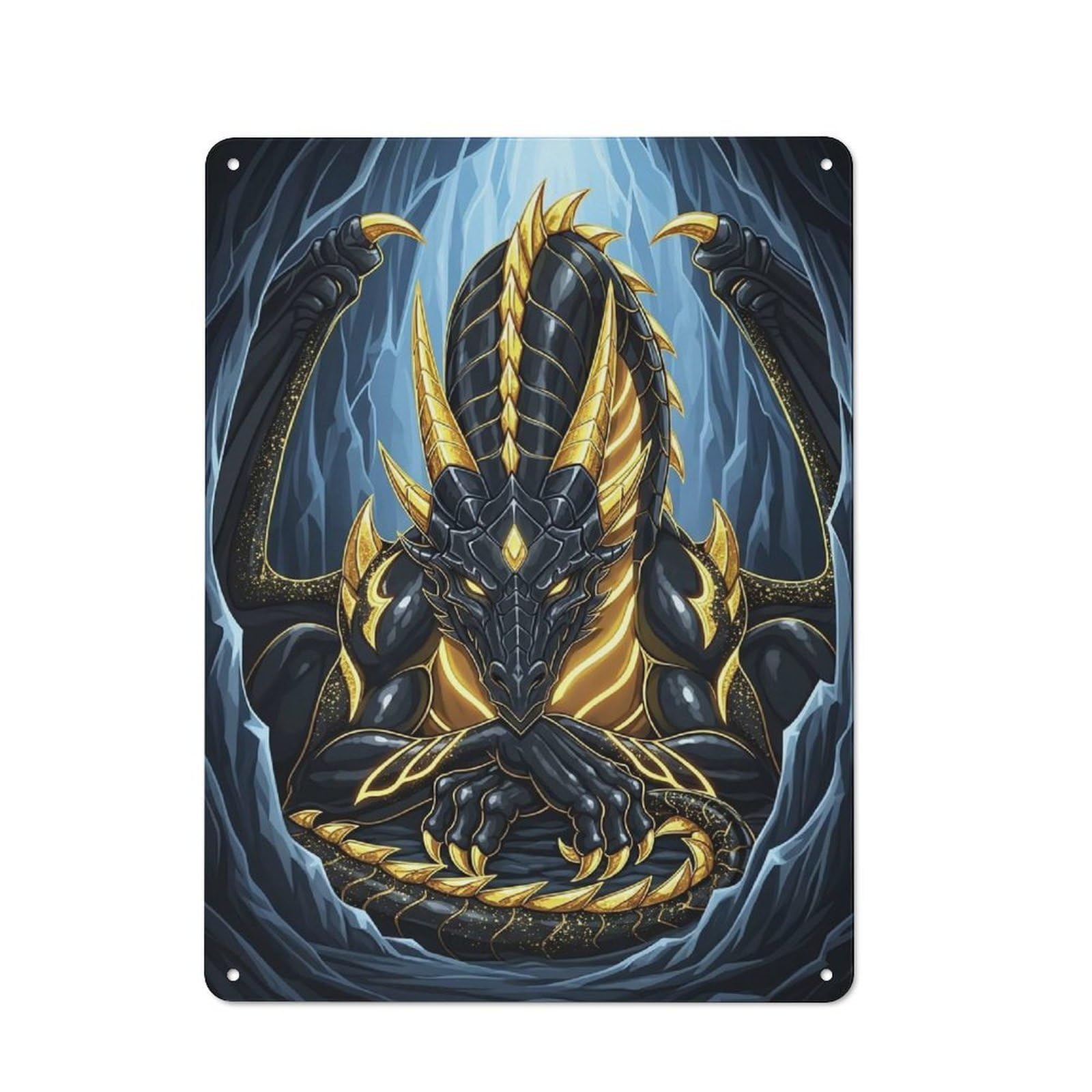 Junmoney Style-12 Black And Gold Dragon In Cave Printed Metal Sign 40X30cm For Café Or Home Bar, For Kitchen And Home Bar Decor, For Cafés, Pubs And Restaurants