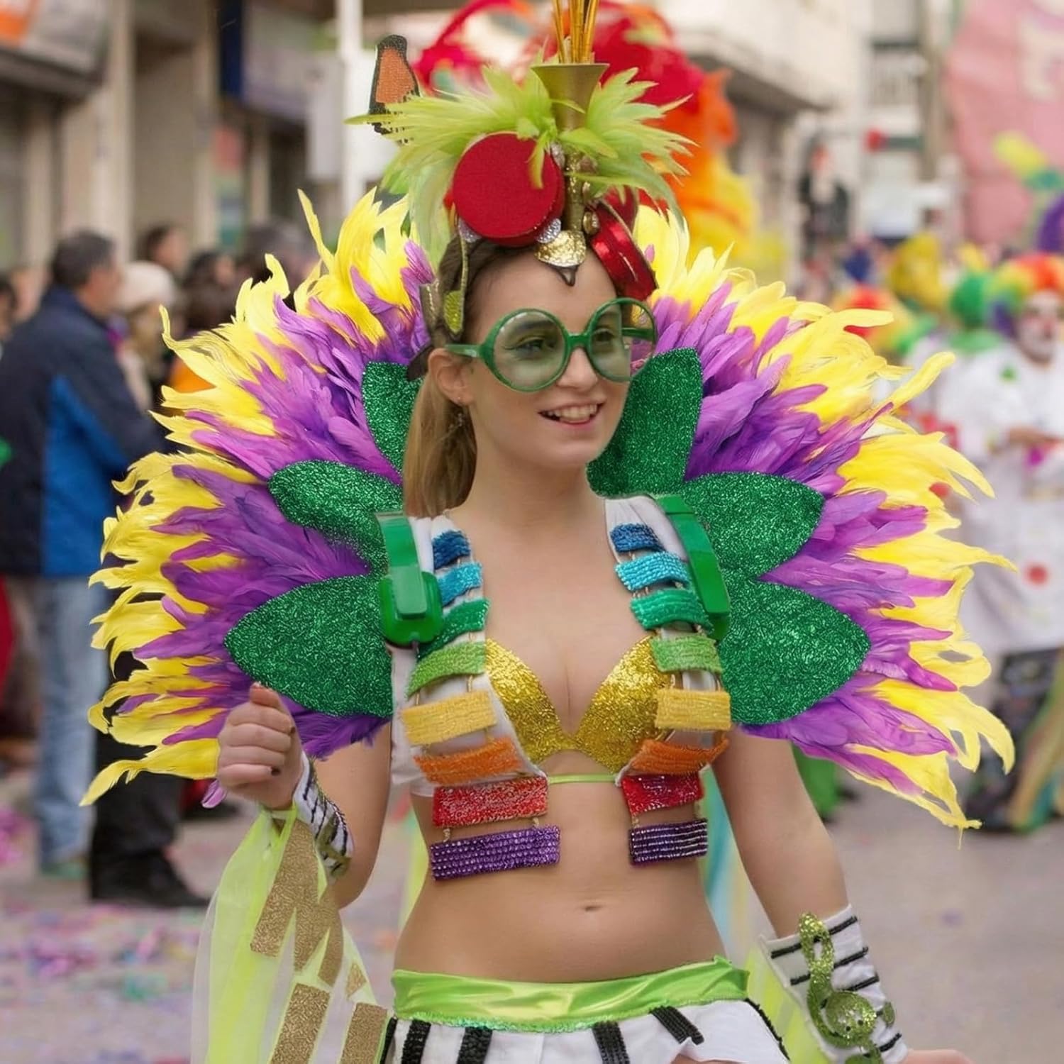 1 Pcs Mardi Gras Feather Shawl Cape Costume Accessory Carnival Real Feather Wrap Purple Yellow Shimmering Green Fabric Outfit for Women Halloween Masquerade Cosplay Party Supplies - Image 6