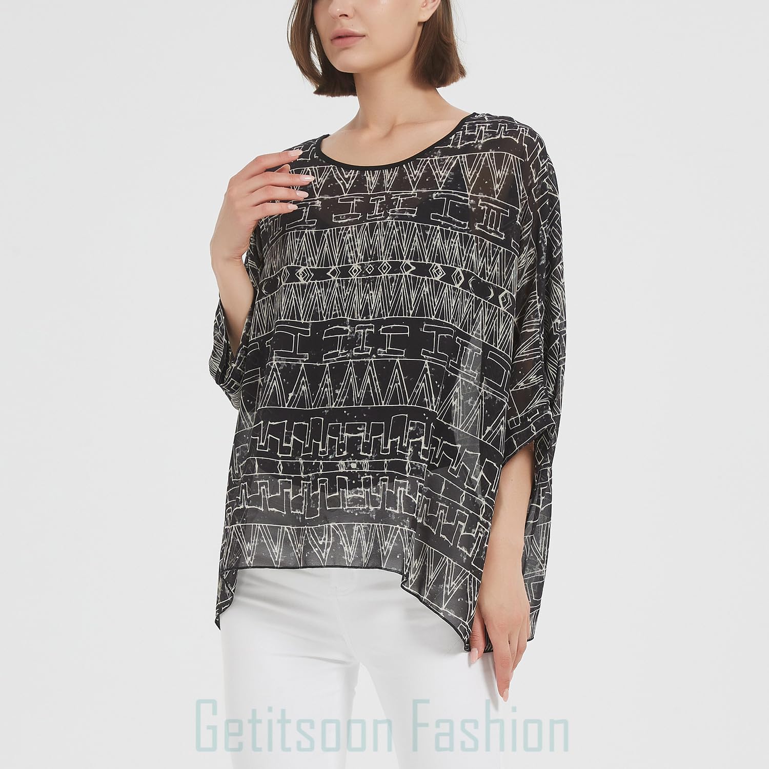 Women's Loose Alicia Floral Print Chiffon Blouse Batwing Blouses Bohemian Flowy Tops Top T-Shirt - Image 3