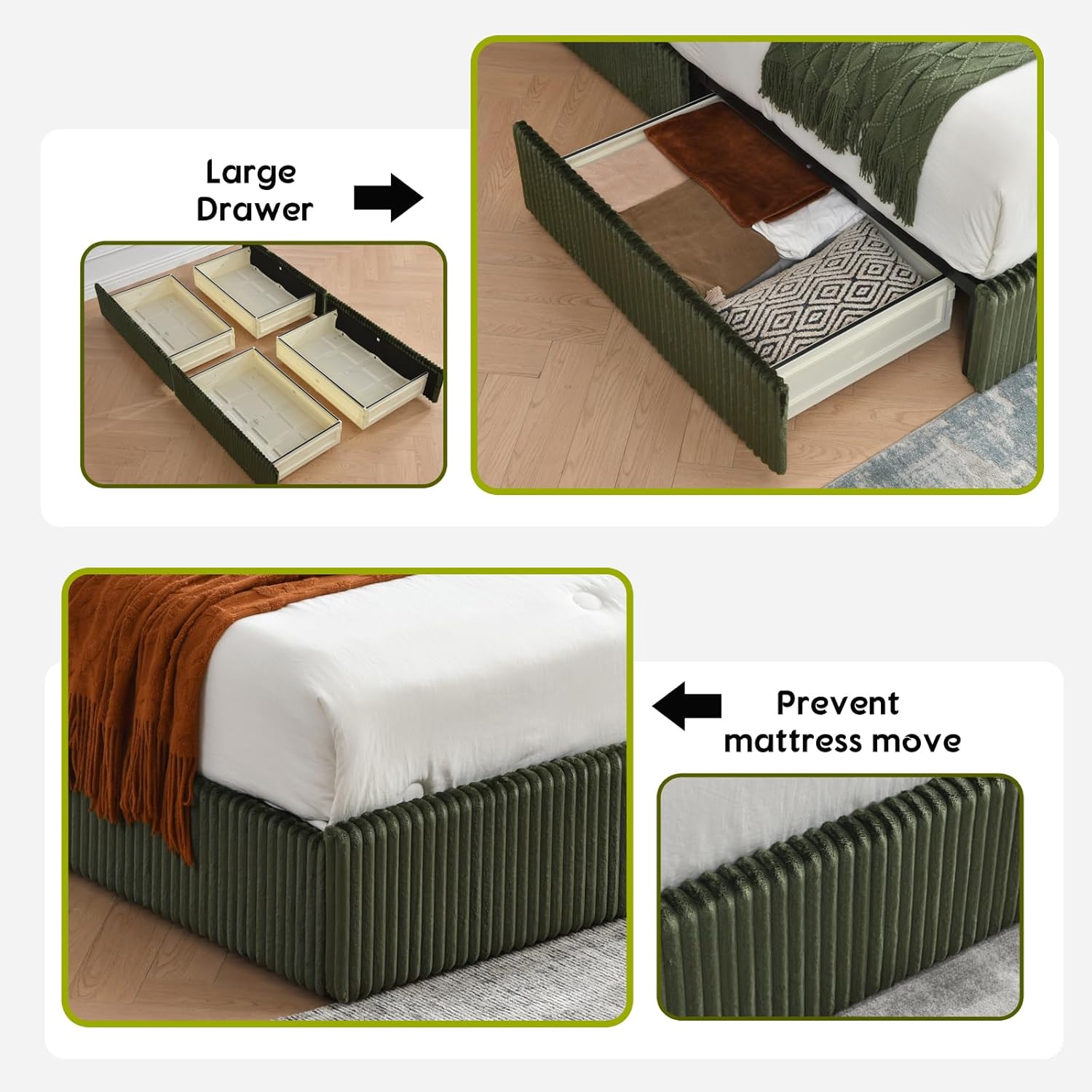 PINJU King Size upholstered Bed Frame with 4 Storage Drawers, Modern Vertical-Striped wingback headboard, slatted Wood Support, Easy Assembly and no Noise (Turtle, King (U.S. Standard))