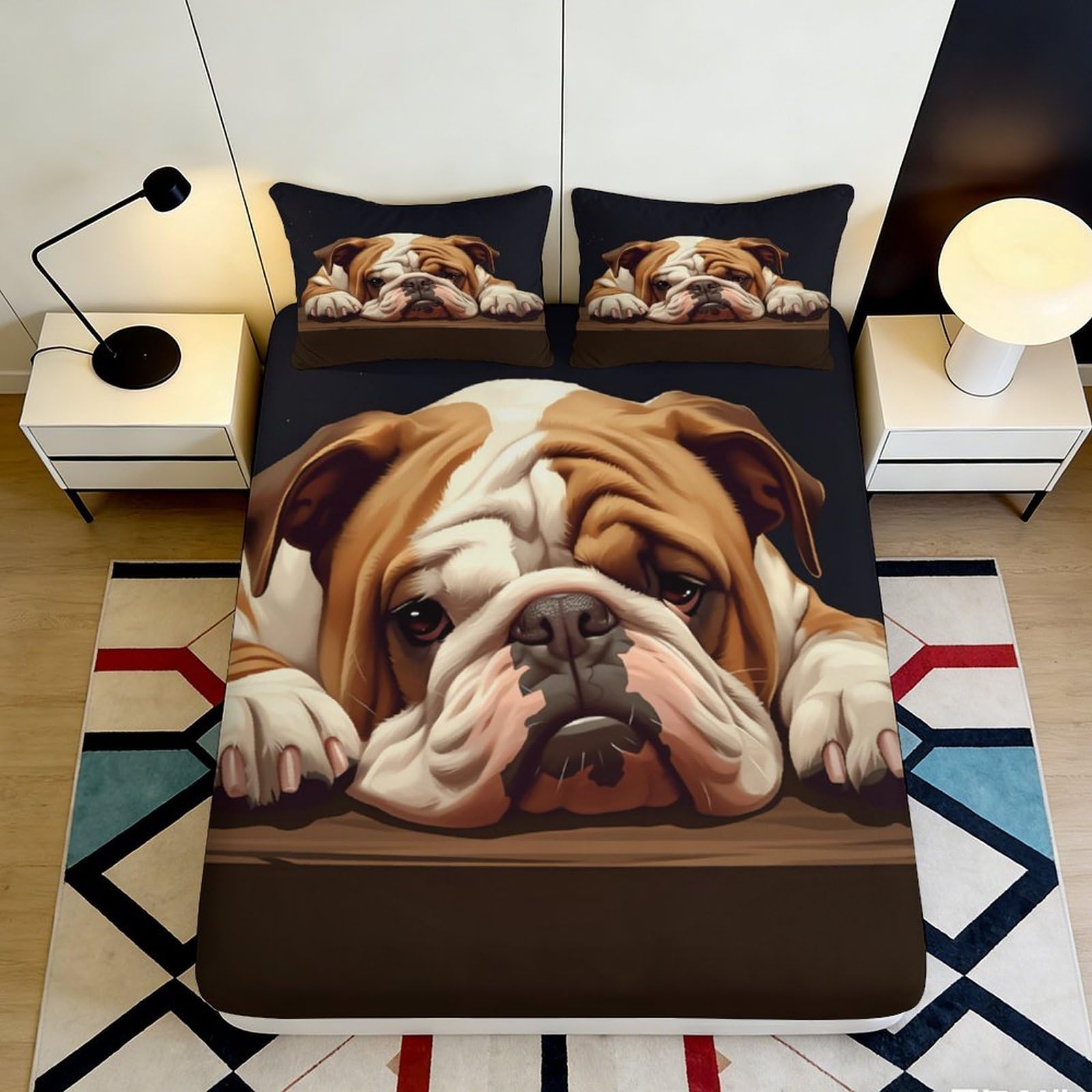 3D Printed Bulldog Pattern Fitted Sheet Microfiber Soft Breathable Dog Face Bed Cover for Bedroom Dormitory Guest Room Mattress Protection 160x200x25cm