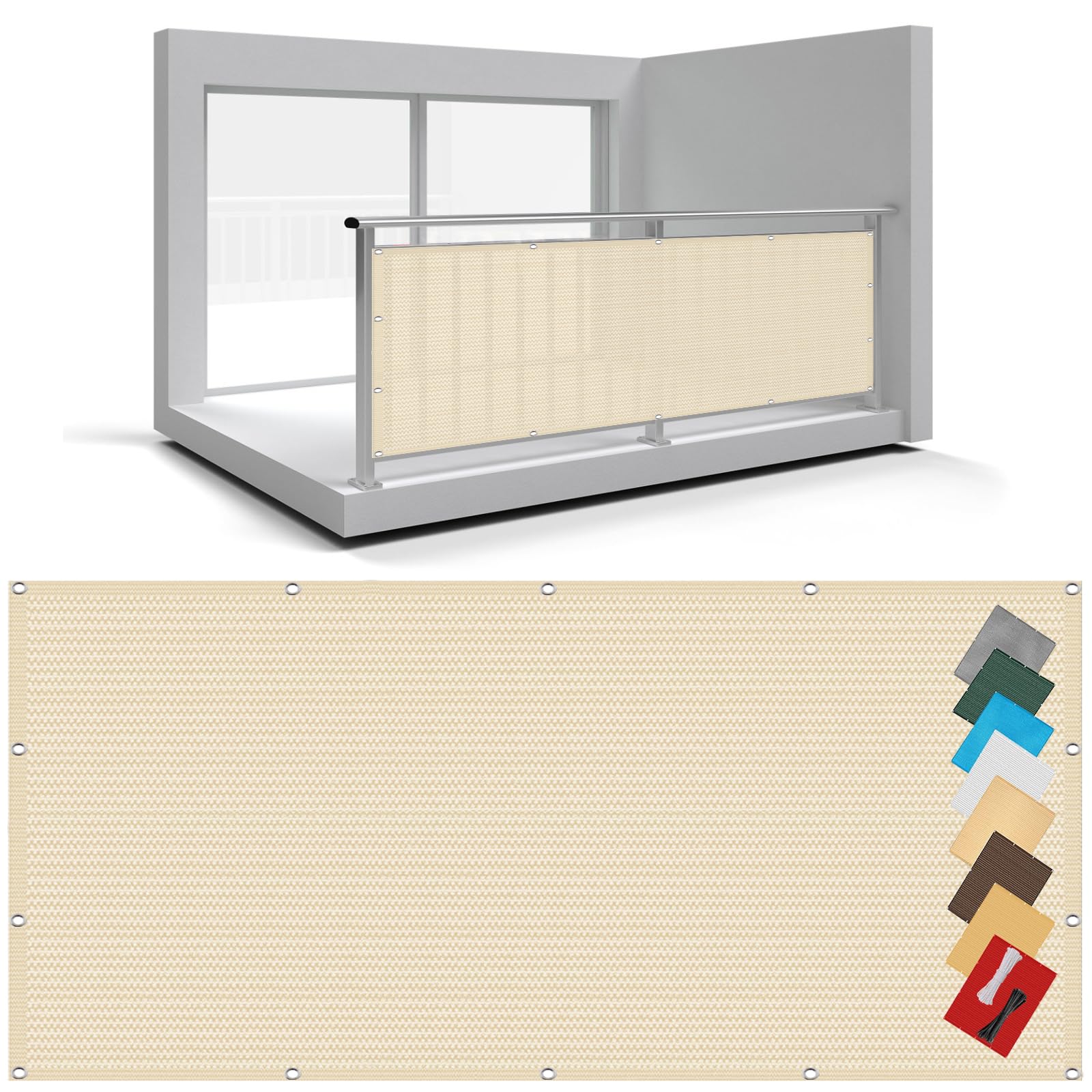 Recinzione Copertura 190 x 425 cm in HDPE 220G ㎡, Frangivento, Protezione Solare, Permeabile, Anti-Uv, Telo Frangi-Vista Balcone con Fascette e Funi para Jardín Exterior, Color Crema