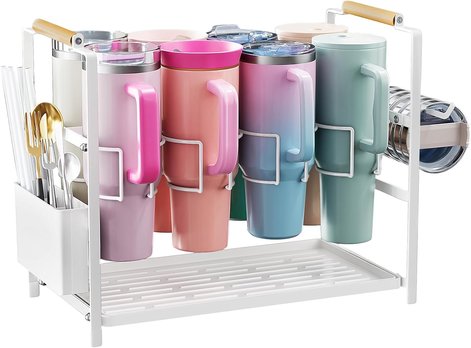 Housolution Water Bottle Organizer Drying Rack for 40 oz Tumbler with Handle, Multifunctional Cup Storage Holder Compatible with Stanley, Owala, Simple Modern and Other Brands, White (Patented) White 8 Slots, for 40oz Cups