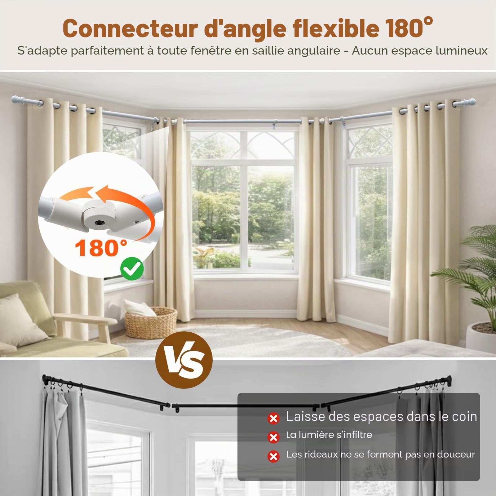 Tringle à rideaux d'angle réglable et robuste en forme de U avec supports pour fenêtres – 91,4 à 406,4 cm – Blanc