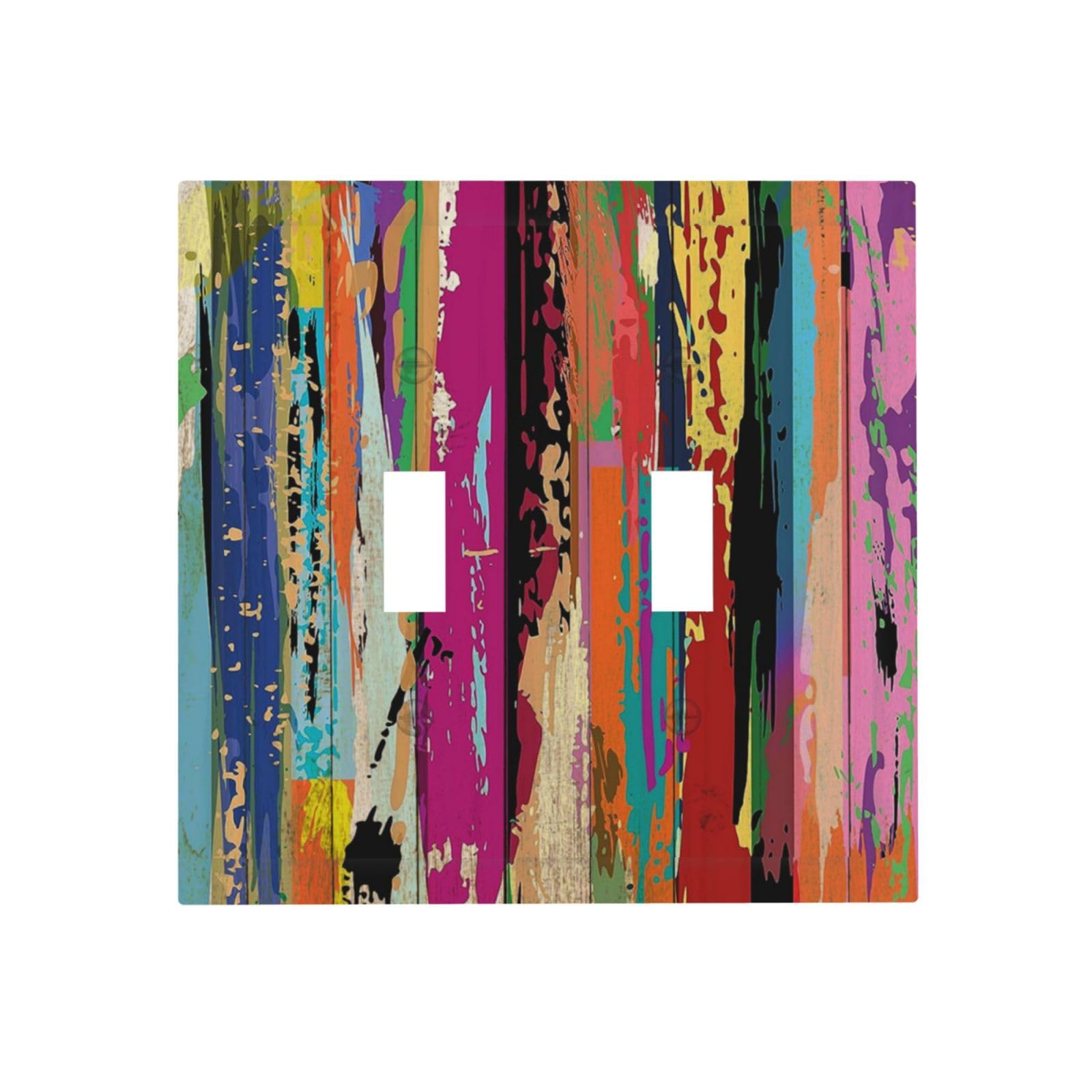 Xuejiaku Decorative Switch Plate Covers Colorful Scrawl Wood Plank Vintage Farmhouse Board 2 Gang Wall Plate Double Toggle Light Switch Cover Plate Electric Dual Device Electrical Faceplate