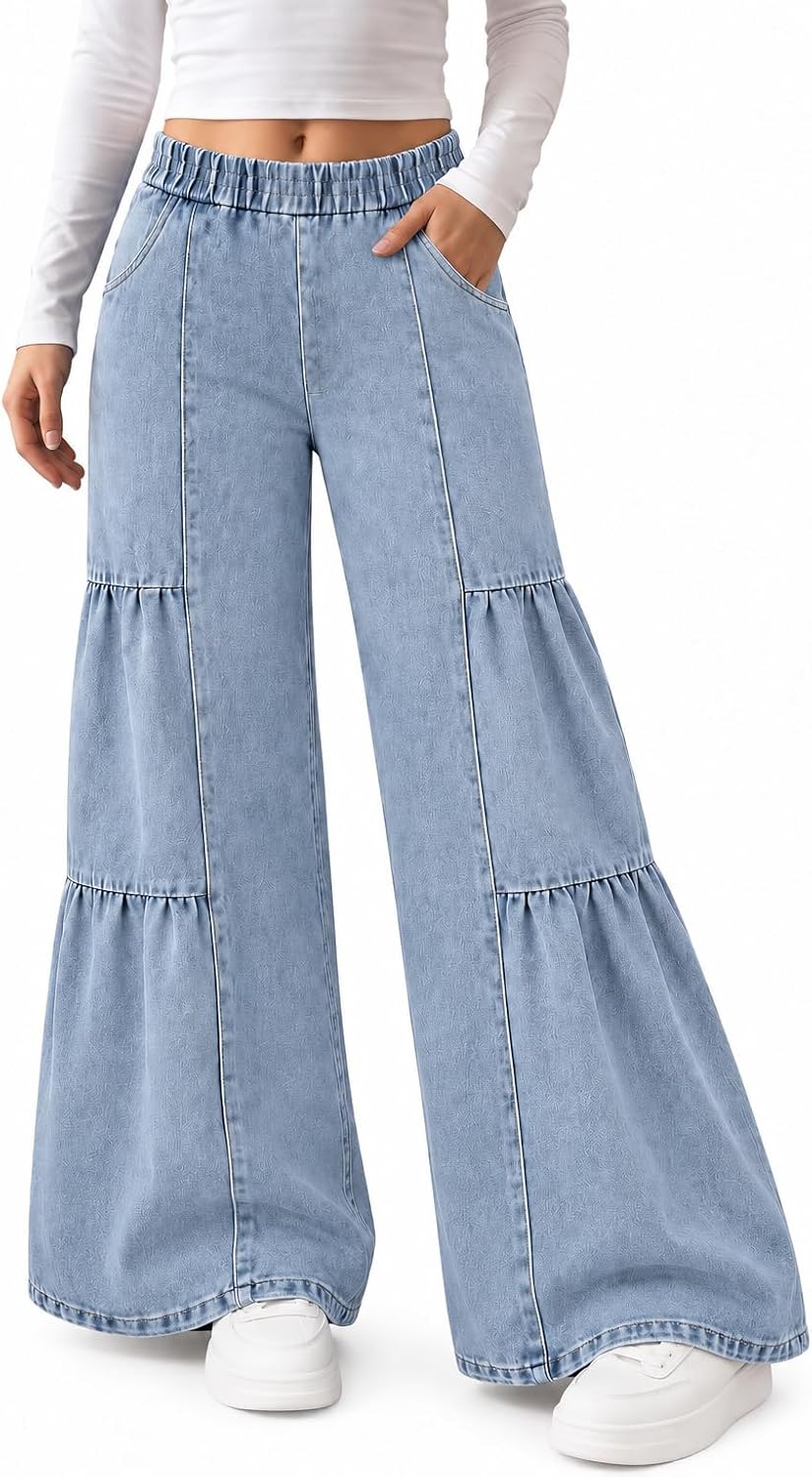 KIDLAGA Girls Baggy Wide Leg Jeans High Elastic Waist Tiered Ruffle Denim Pants Y2K Teen Girls Streetwear 9-16Y