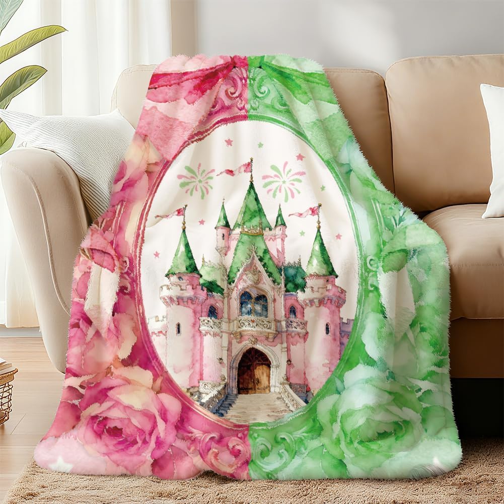 WADORN Witch Princess Castle Throw Blanket, Cozy Soft Pink & Green Bow Castle Throw Blanket Fuzzy 500GSM Flannel Fleece Blankets Plush Funny Castles Lover Gifts for Office Sofa Couch Chairs, 59x51