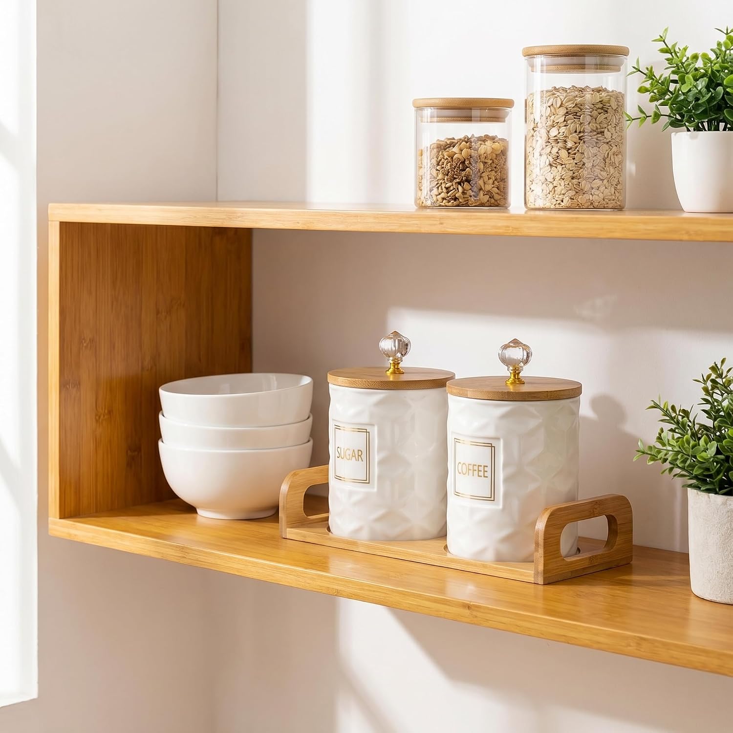 Set of 2 Ceramic Canister for Sugar Coffee with Tray, White Food Storage Jars with Wood Airtight Lids, Storage Containers for Kitchen Counter, Coffee Station, 23oz