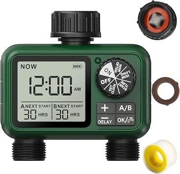 Water Timer for Outdoor Garden Hose, Sprinkler Timer for Garden Faucet with Auto/Manual/Rain Delay Mode, Sprinkler Irrigation Controller for Yard Lawn 2 Zone Plastic Inlet