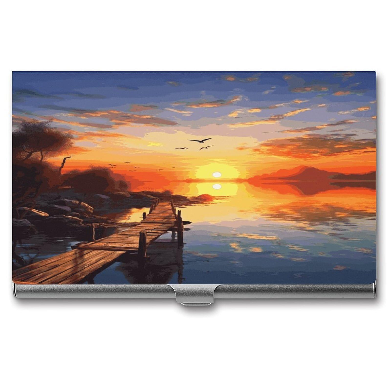 JTREHY Sunset Scenery Business Card Holder Slim Purse Name Card Holder Portable Metal Business Card Case Wallet Large Capacity Lightweight Business Card Case for Men Women